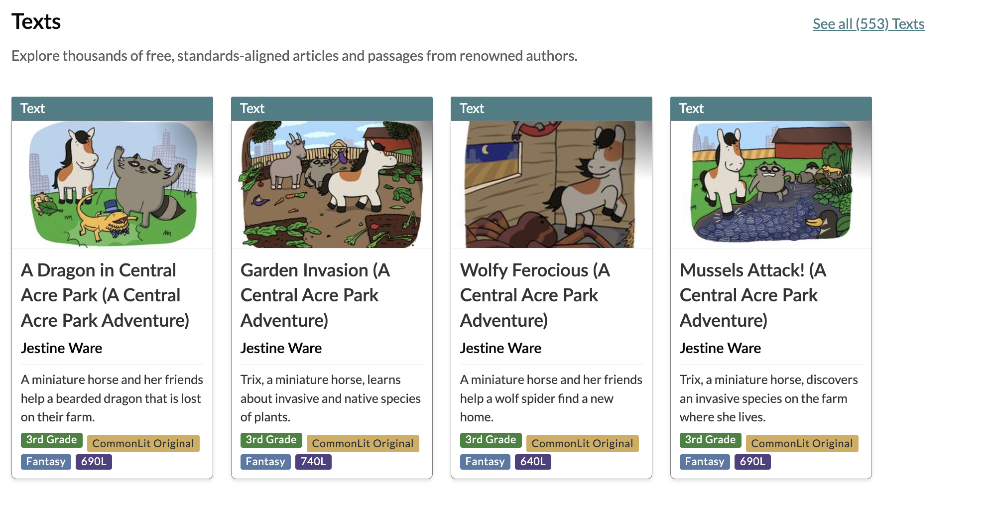 Screenshot of the Central Acre Park Adventure Series in the CommonLit Library