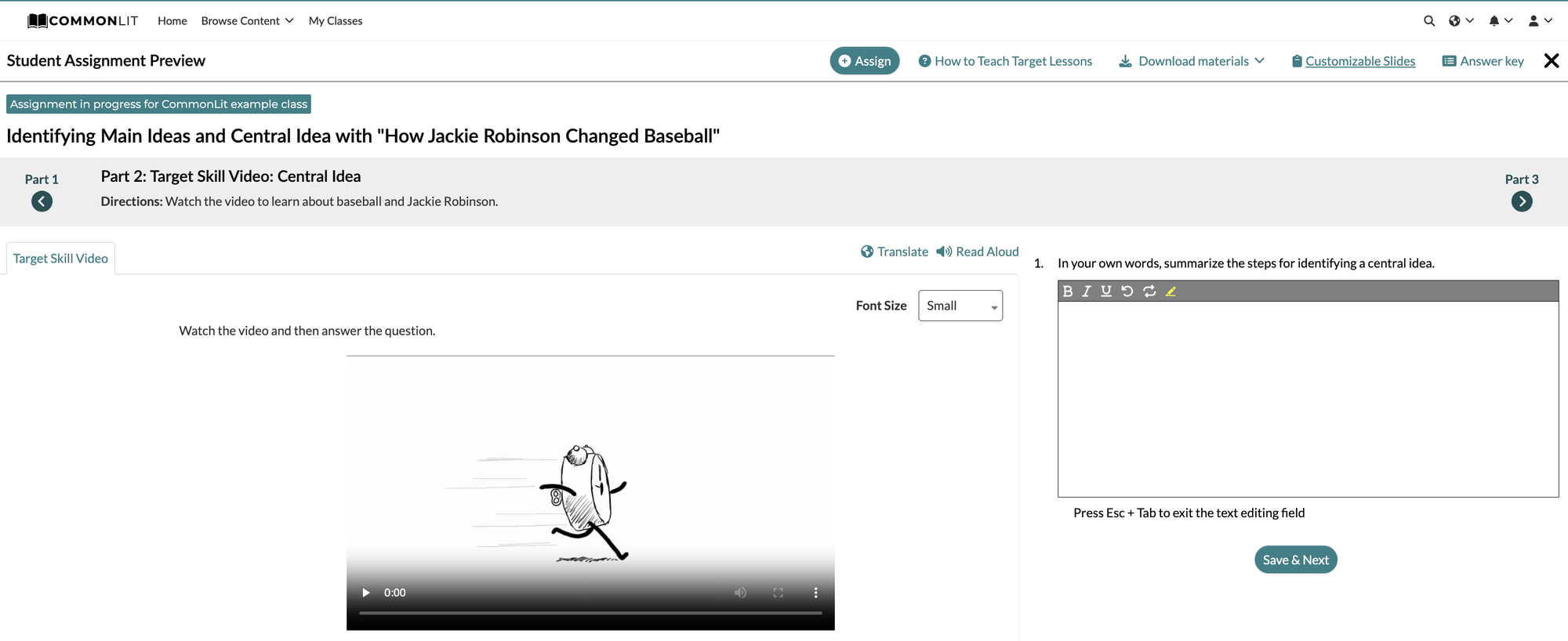 Main Ideas section of Target Lesson: How Jackie Robinson Changed Baseball.
