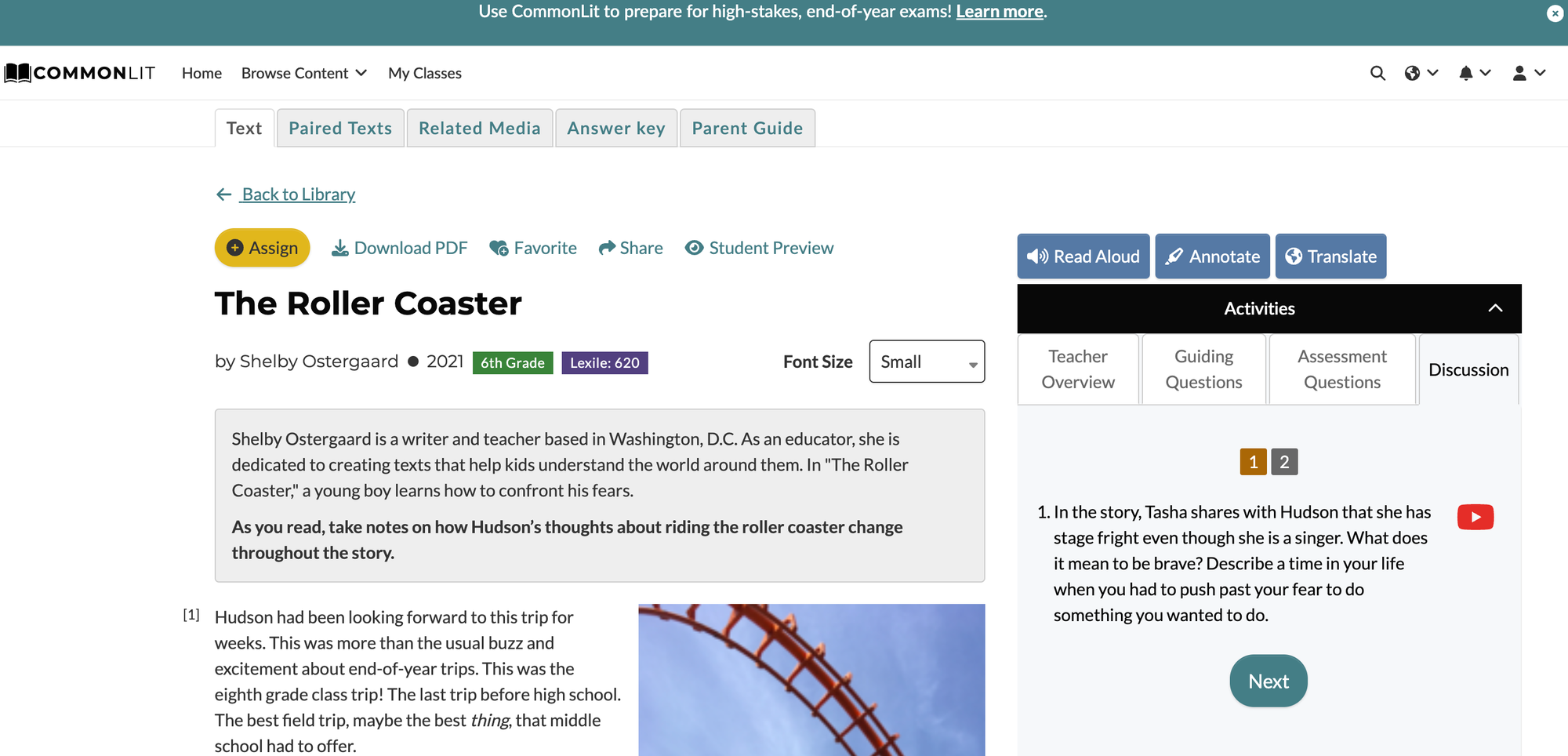 Discussion section of CommonLit lesson, The Roller Coaster, highlighted.