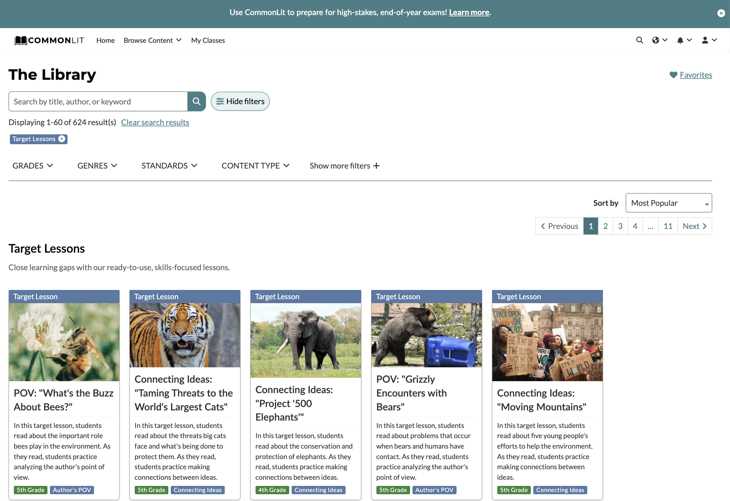 CommonLit Library with Target Lessons page highlighted