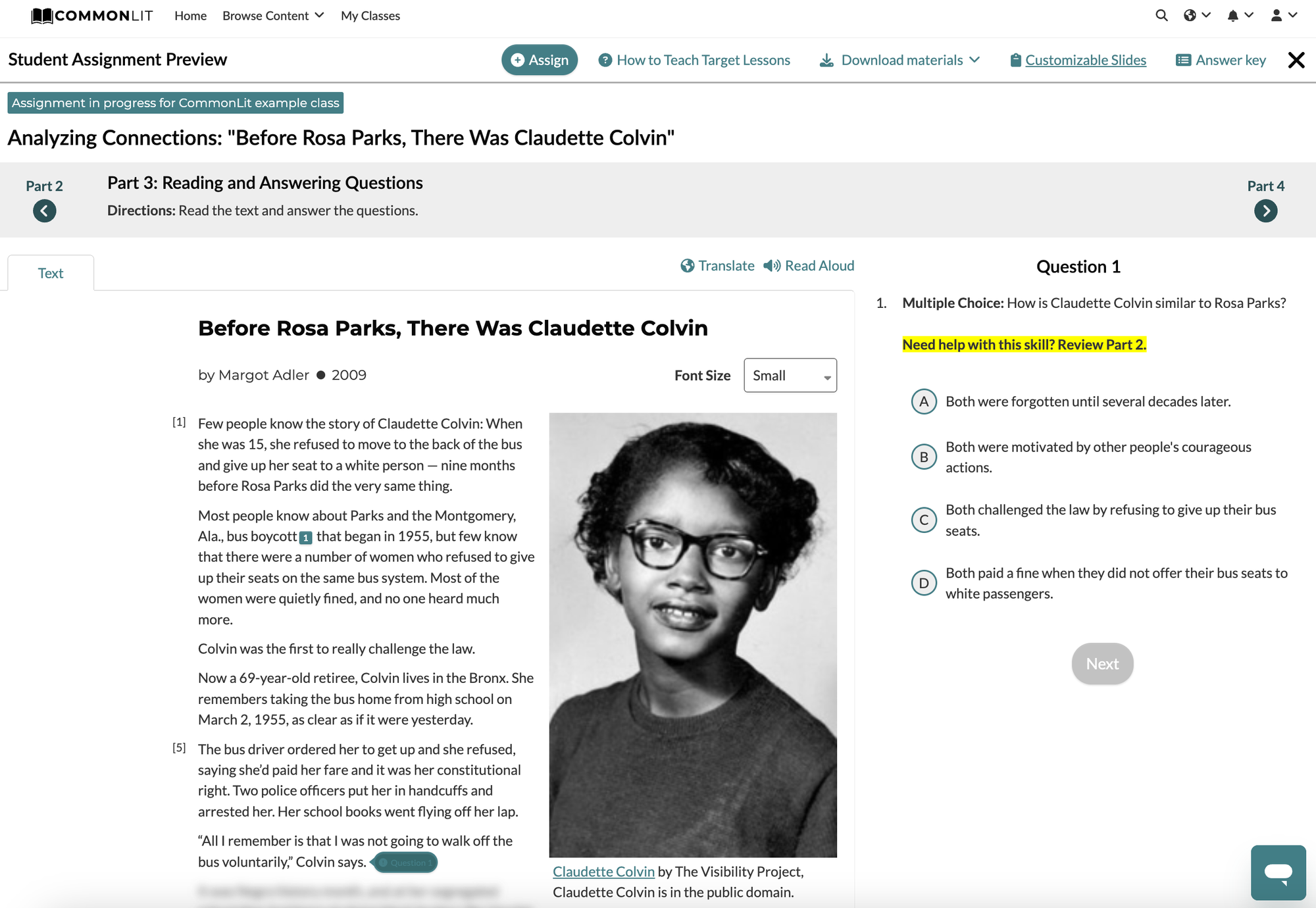 Reading and Questions section for "Before Rosa Parks, There was Claudette Colvin" with Question 1 highlighted