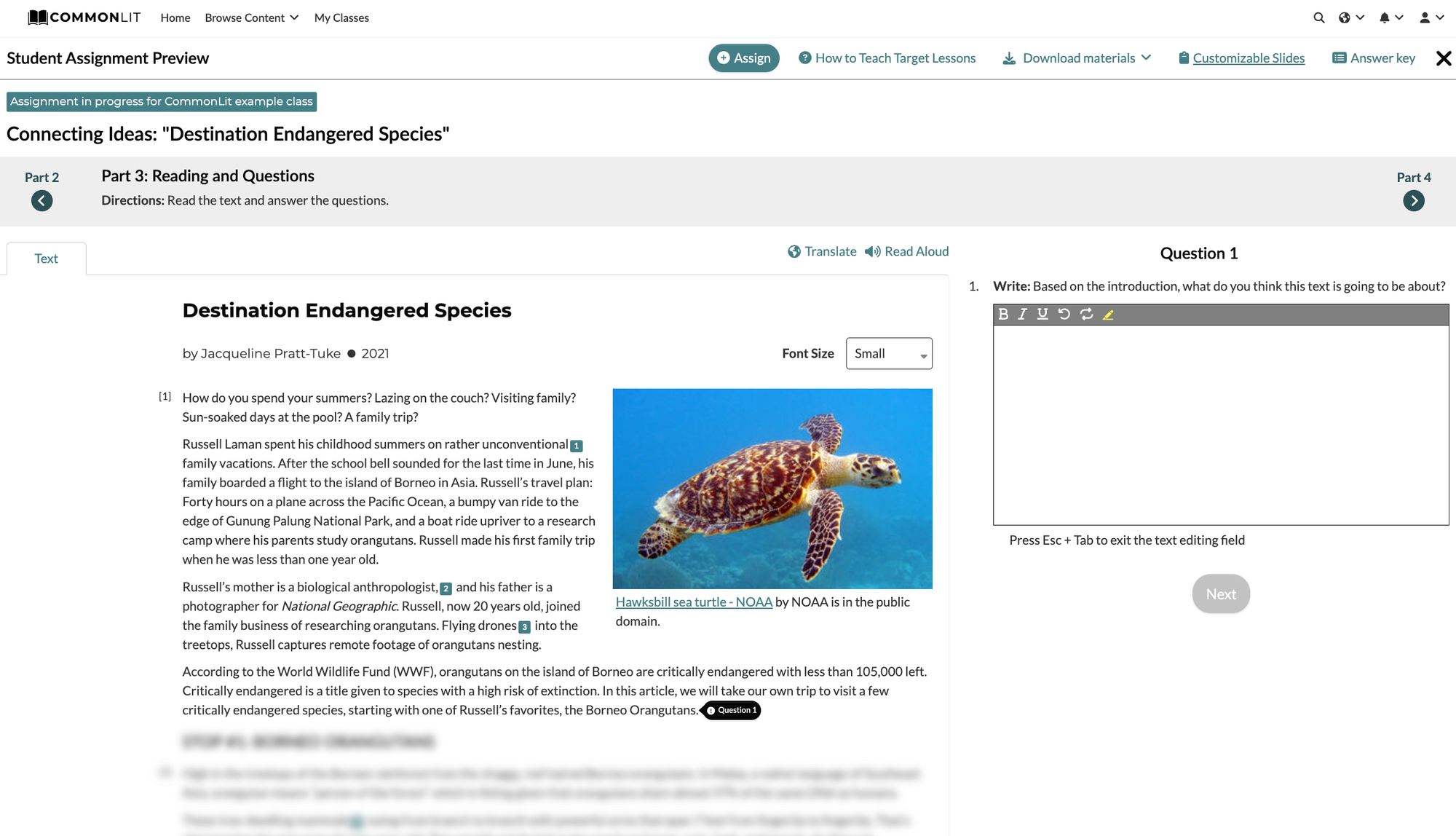 Screenshot of "Reading and Questions" section of "Destination Endangered Species" lesson