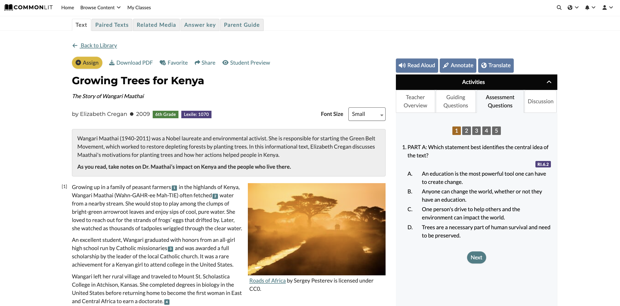 CommonLit's lesson "Growing Trees For Kenya" with Assessment Questions highlighted. 