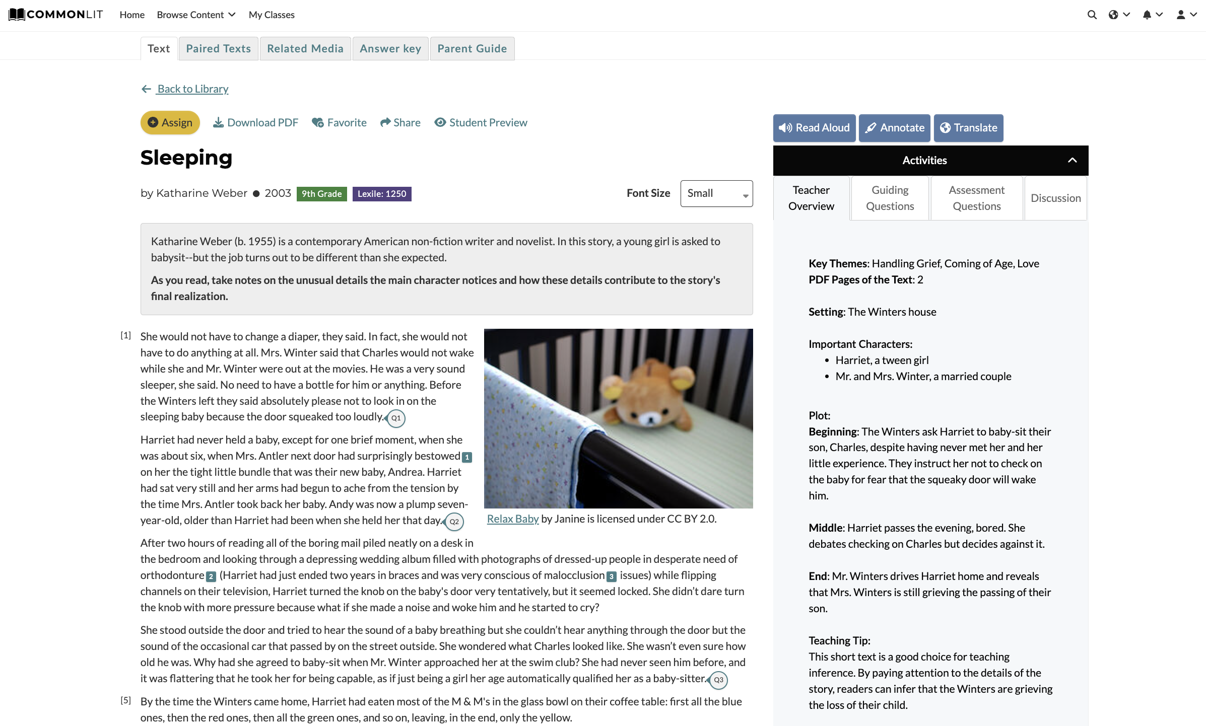 CommonLit text "Sleeping" with Annotation Tool highlighted